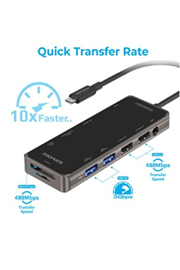 Promate - موزع USB-C متعدد المنافذ فائق السرعة مع توصيل طاقة بقوة 100 وات