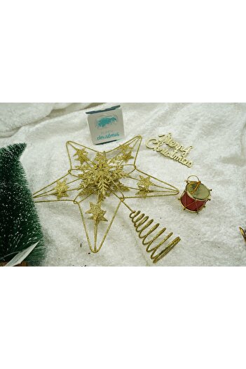 Teo Golden Decorative Christmas Tree Topper in Star Shape, Plastic/Metal, 25cm x 27cm