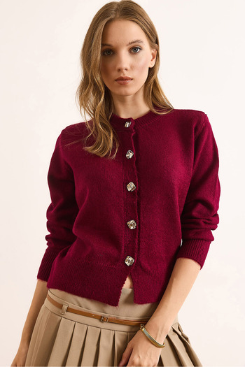 Olalook Women's Burgundy Crew Neck Soft Textured Basic Cardigan Hrk-19000389