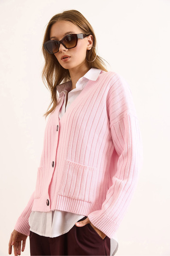 Olalook Women's Pink Pocketed Thick Ribbed Soft Textured Knit Cardigan Hrk-19000390