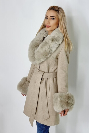 FashionForYou Beluci wool coat, with detachable fur collar and cuffs and drawstring at the waist, Latte cream, 38