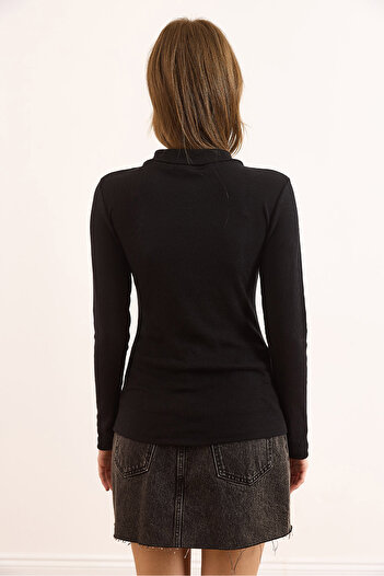 Olalook Women's Black Polo Neck Zippered Long Sleeve Stretchy Blouse Blz-19003103