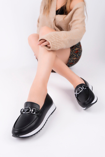 meyra'nın ayakkabıları Women's Black Leather Heart Buckle Orthopedic Sole Ballerinas