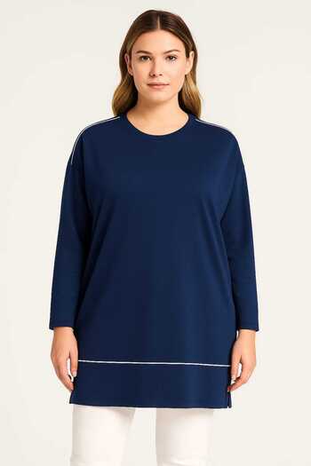 Şans Women's Plus Size Indigo Sweatshirt with Crew Neck, Shoulder and Front Piping Details, Side Slits 65N39148