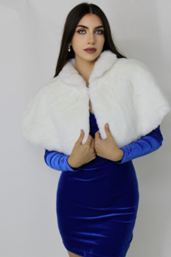 FashionForYou Savina bolero cape, made of fur, with high collar, White, Universal size S/M, One Size S/M