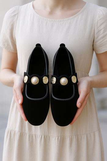StWenn Women's Ballet Shoes Velvet Gold Buckle Stylish Lightweight Orthopedic Noiseless Sole