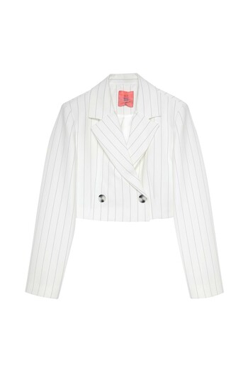 Quzu Women's Beige Striped Crop Jacket Jacket 23Y51256-Ecru