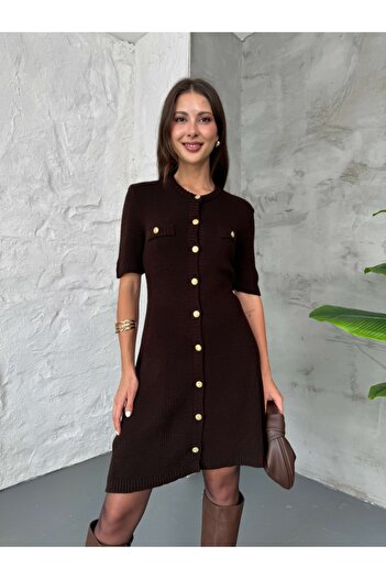 Elif Özbey Butik Brown Short Sleeve Gold Button Knit Dress