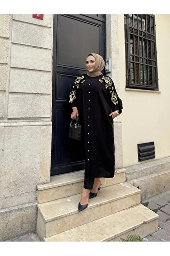Güler Casual Düğmeli Nakışlı ve Pul Detaylı Siyah Renk Elbise