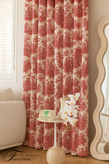 Perdeplus French-Inspired Toile Patterned Linen Background Curtain – Single Panel