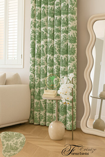 Perdeplus French-Inspired Toile Patterned Linen Background Curtain – Single Panel