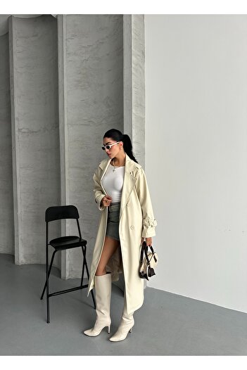 MEECY Women's Belted Long Leather Coat