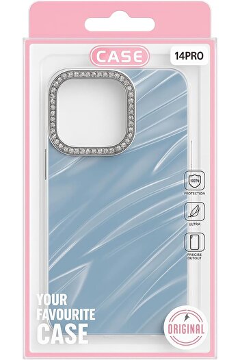 Generic 14 Pro Case, Crystal Clear with Diamond Camera Ring, Ultra Protection, Original Design, Light Blue