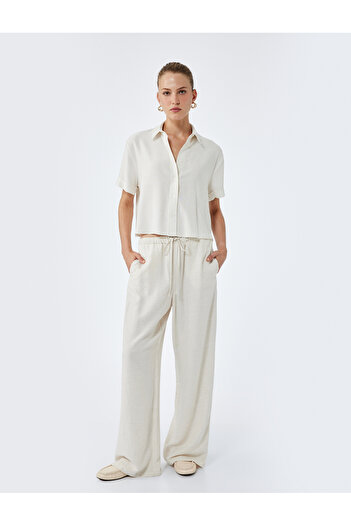 Koton Linen Blend Short Sleeve Classic Collar Crop Shirt