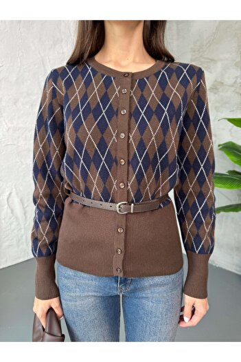 Elif Özbey Butik Brown Baklava Pattern Belted Knitwear Cardigan