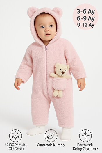 MYZİ STORE Hooded Plush Baby Romper – 100% Cotton with Teddy Bear Detail (0-12 Months)