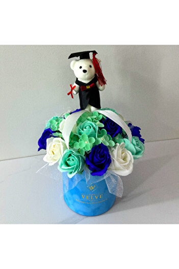 velve Aranjament floral pentru absolvire, in cutie rotunda cu trandafiri si hortensi, turcoaz