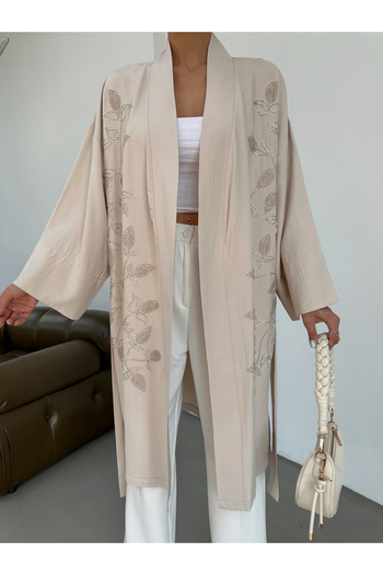 MİA NOURA Women's Long Kimono with Boncu Embroidery on the Front
