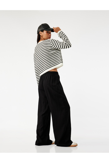 Koton Beli Lace-Up Comfortable Fit Wide Leg Linen Blend Trousers
