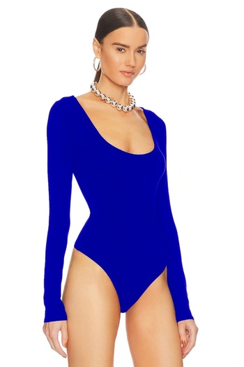 MetuCA Women's Blue Wide U Neck Long Sleeve Sandy Fabric Thong Cut Bodysuit Zıbın