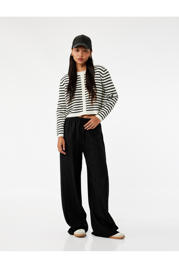 Koton Beli Lace-Up Comfortable Fit Wide Leg Linen Blend Trousers