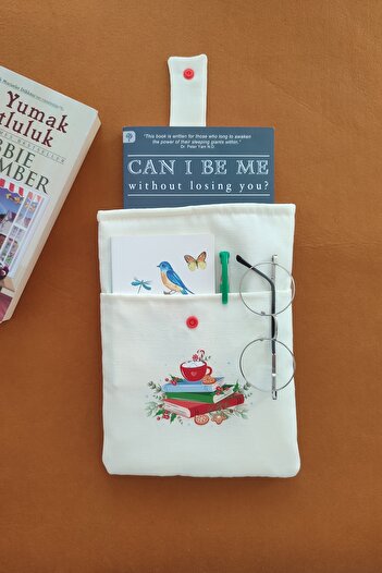 Outlet Çarşım Linen Book Cover with Pockets Cream Color Book Lover Gift