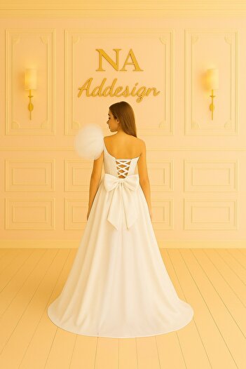 NA ADDESIGN One Shoulder Puffy Tulle Sleeves Princess Evening Dress – (Red, Fuchsia, White, Black) Graduation Dress