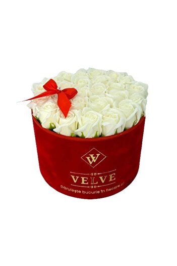 velve Aranjament floral Splendor, in cutie de catifea cu 25 trandafiri de sapun, Alb-Rosu