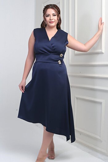 By Saygı Women's Double Breasted Collar Button Detailed Asymmetrical Plus Size Crepe Satin Dress
