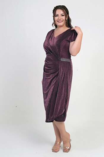 By Saygı Women's Front Back V-Neck Waist Stone Detailed Lined Silvery Sandy Fabric Plus Size Midi Dress