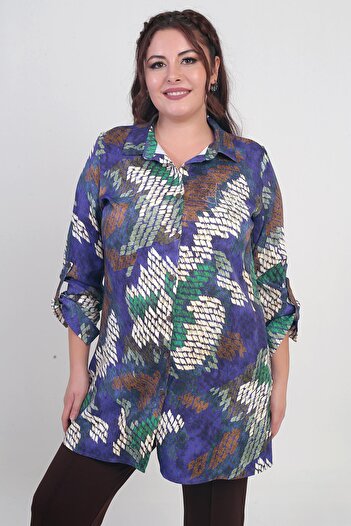 By Saygı Women's Tie-Dye Patterned Plus Size Crepe Satin Long Shirt