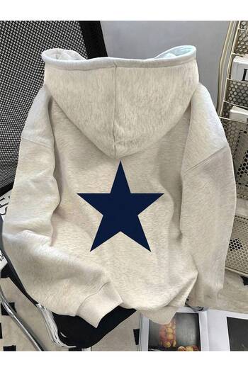 ModaQamar Star Printed Oversize Kangaroo Pocket Gray Hooded Sweatshirt Hoodie