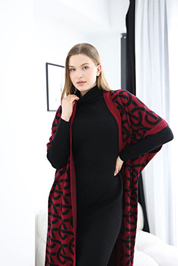 bacc Women's burgundy turtleneck knit dress and long patterned cardigan top and bottom set bces-252040