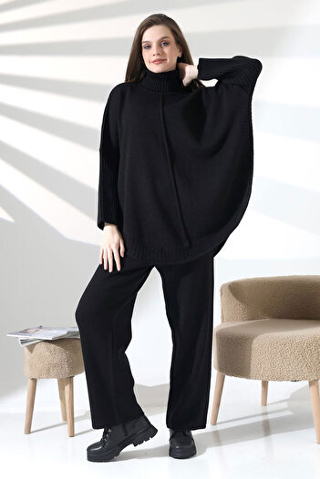 bacc Black High Neck Loose Cut Sweater and Fit Pants Bottom Top Knitwear Set Bces-252033