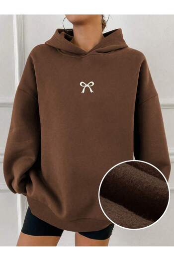 ModaQamar Ribbon Printed Oversize Kangaroo Pocket Brown Hooded Sweatshirt Hoodie