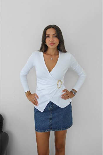 Havoş White Buckled Double Breasted Long Sleeve Blouse