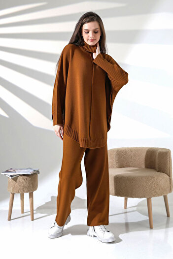 bacc Cinnamon Brown High Neck Casual Cut Sweater and Fit Pants Bottom Top Knitwear Set Bces-252033