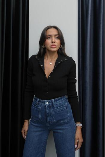 Havoş Black Stand Collar Snap Fastener Sweater
