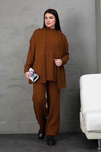 bacc Cinnamon Brown Knitted Motif Sweater Cardigan and Pants 3-Piece Knitwear Set Bces-252031