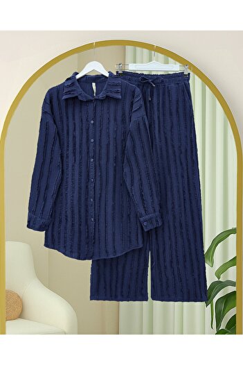 Modamorfo Textured Buttoned Vertical Stripe Pants Shirt Set - Navy