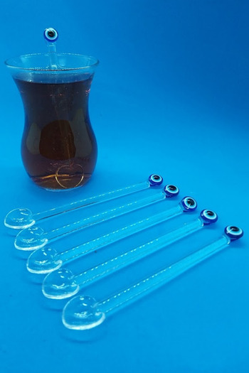 oftenadmire Glass Tea Spoon, 6 Pieces Gift Dowry Set, Evil Eye Spoon with Box for Home Office Workplace Use.