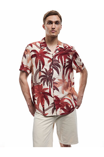 Koton Short Sleeve Regular Fit Turn-Down Collar Viscose Palm Print Hawaiian Shirt