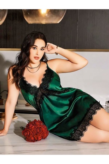 pemmagaza Plus Size Green Lace Embroidered Thin Strap Satin Fancy Nightgown