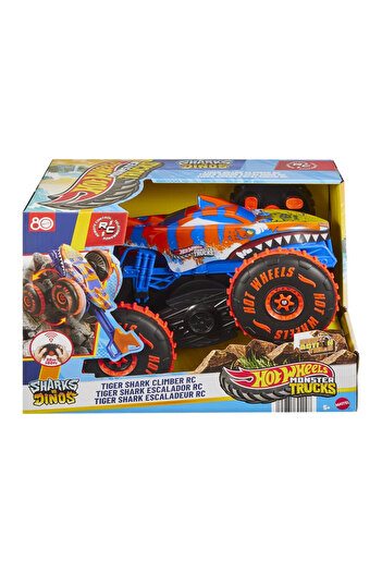 mattel Hot Wheels Monster Truck Sharks vs Dinos Remote Control Car Tiger Shark Climber, Children 5-9 Years Old