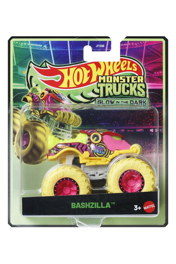 mattel Hot Wheels Monster Truck Glow in the Dark Bashzilla Car 1 to 64 Scale, Children 3-7 Years Old