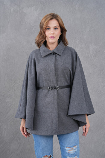 Giyim Gezegeni Women's Waist Belted Cashmere Gray Poncho New Season Stylish Oversize Trendy and Comfortable Modern Outerwear