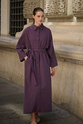 Hooopstore Linen Textured Lilac Shirt Dress