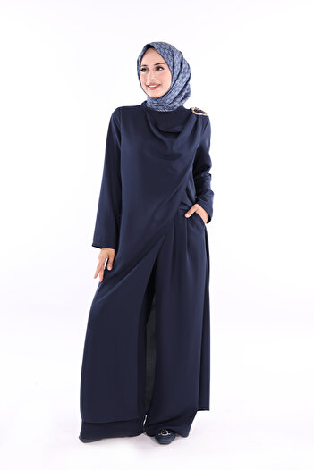 Bym Fashion One Shoulder Gold Buckle Detailed Tunic Trousers Set 8698 Navy Blue