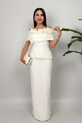 DPARİS Boat Neck Rose Detailed Slit Long Dress