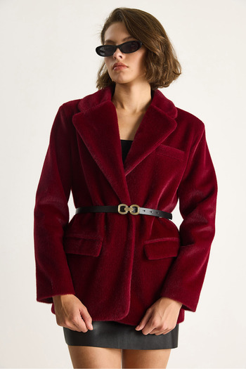 Bianco Lucci Jachetă blazer texturată din pluș, căptușită, cu curea, cu detaliu de buzunar pentru femei 2761 60281110